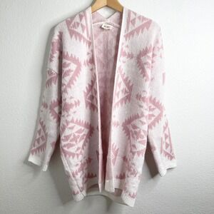 Bibi Pink White Southwestern Aztec Geometric Open Front Cardigan‎ Sweater Medium